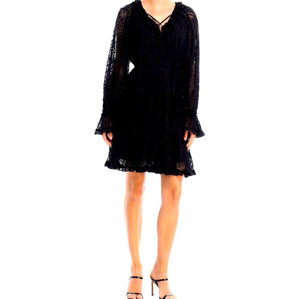 Women's Black Senna Ruffle-trim Lace Flounce Midi Dress